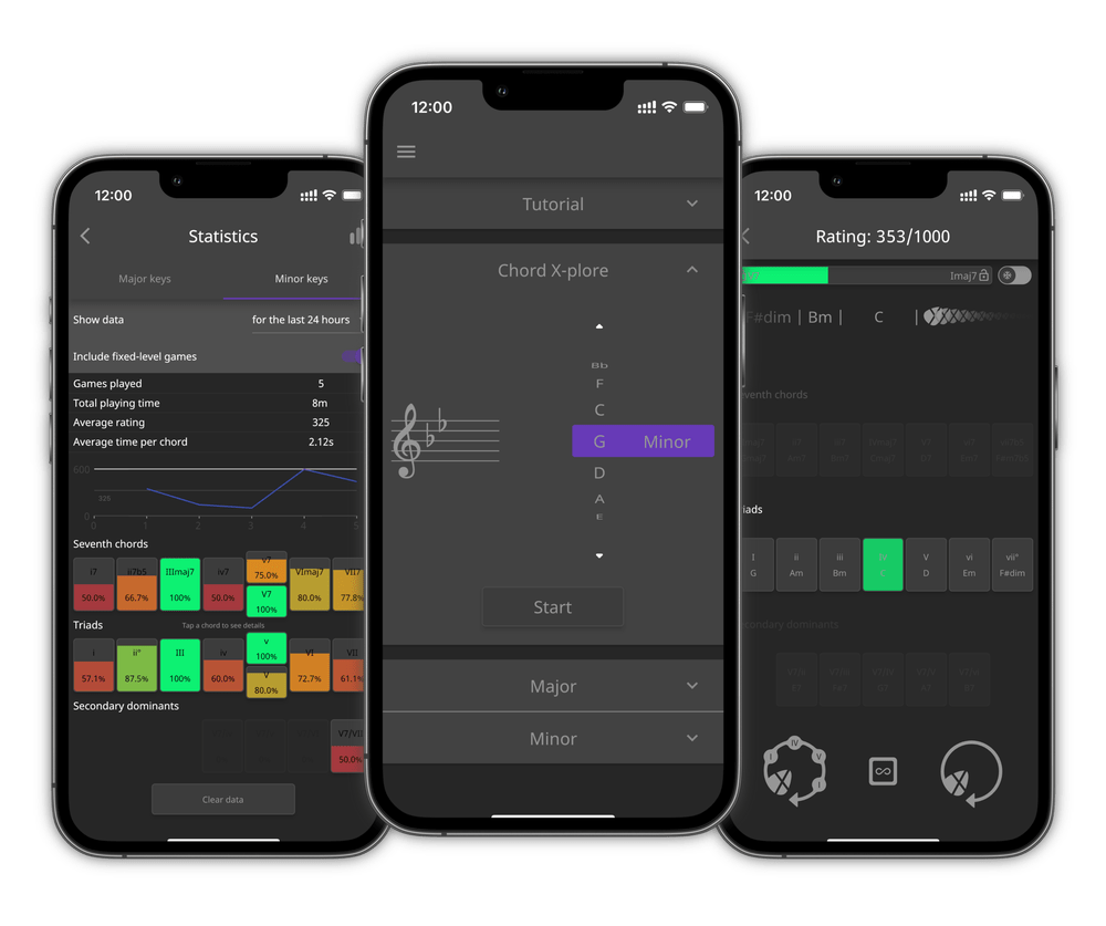 Screenshots of Chord X ear training app
